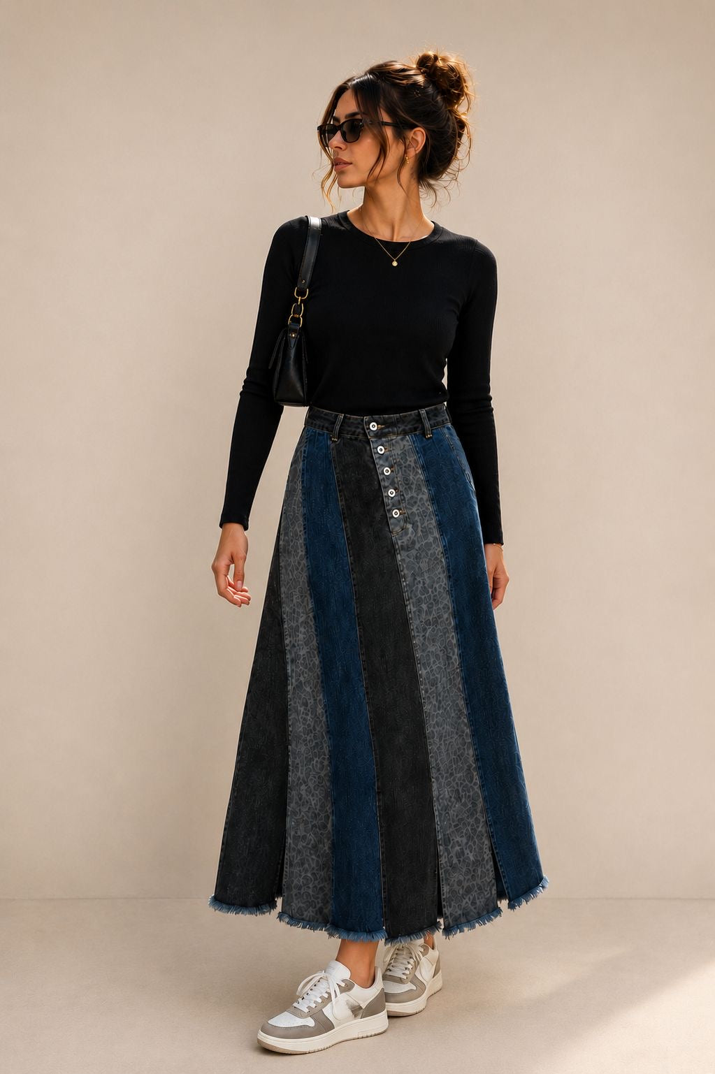 Jupe Lucie, jupe longue patchwork en denim