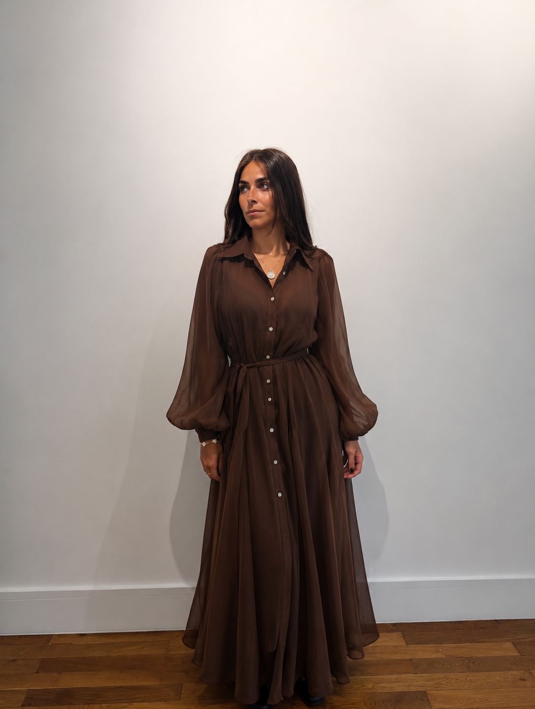 Robe Mathilde , chemise longue fluide chocolat