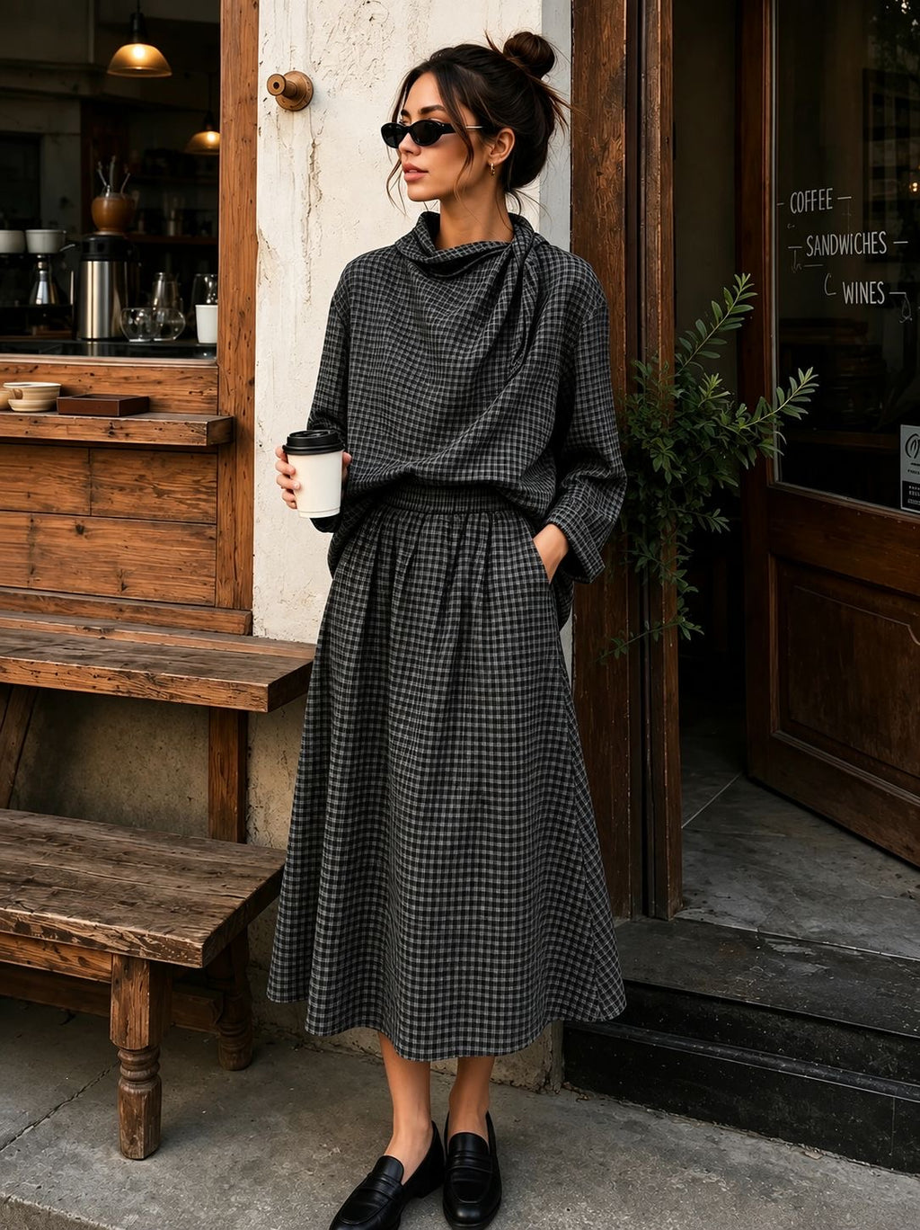 Ensemble Leonie, haut drapé & jupe longue à carreaux