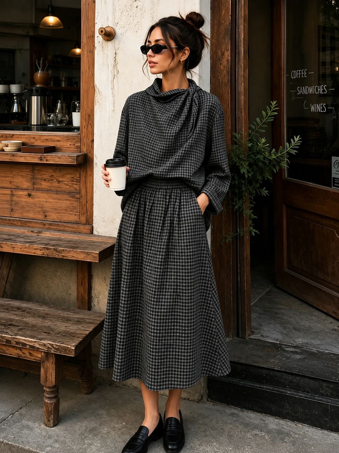 Ensemble Leonie, haut drapé & jupe longue à carreaux