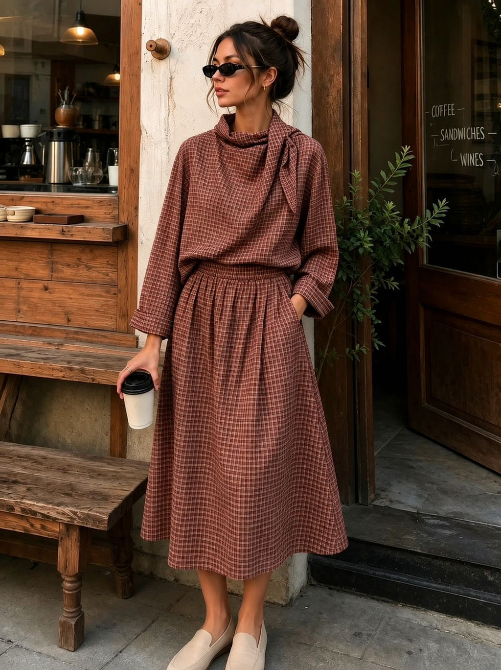Ensemble Leonie, haut drapé & jupe longue à carreaux